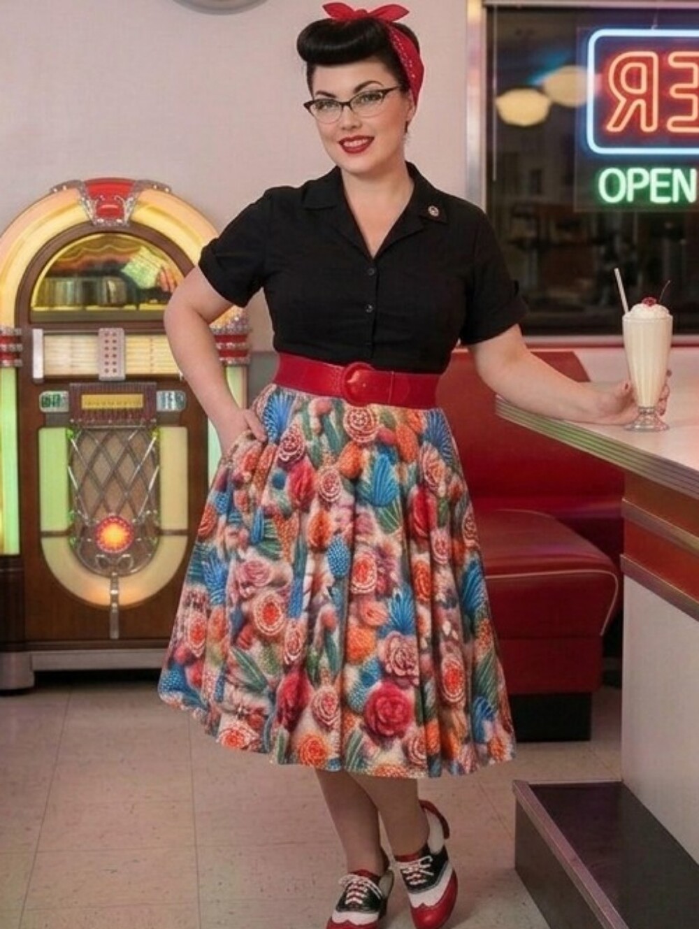 1X Floral Cactus Swing NIB Skirt Embroidered-Look Sz TC 16 - 24 Flared w Pockets